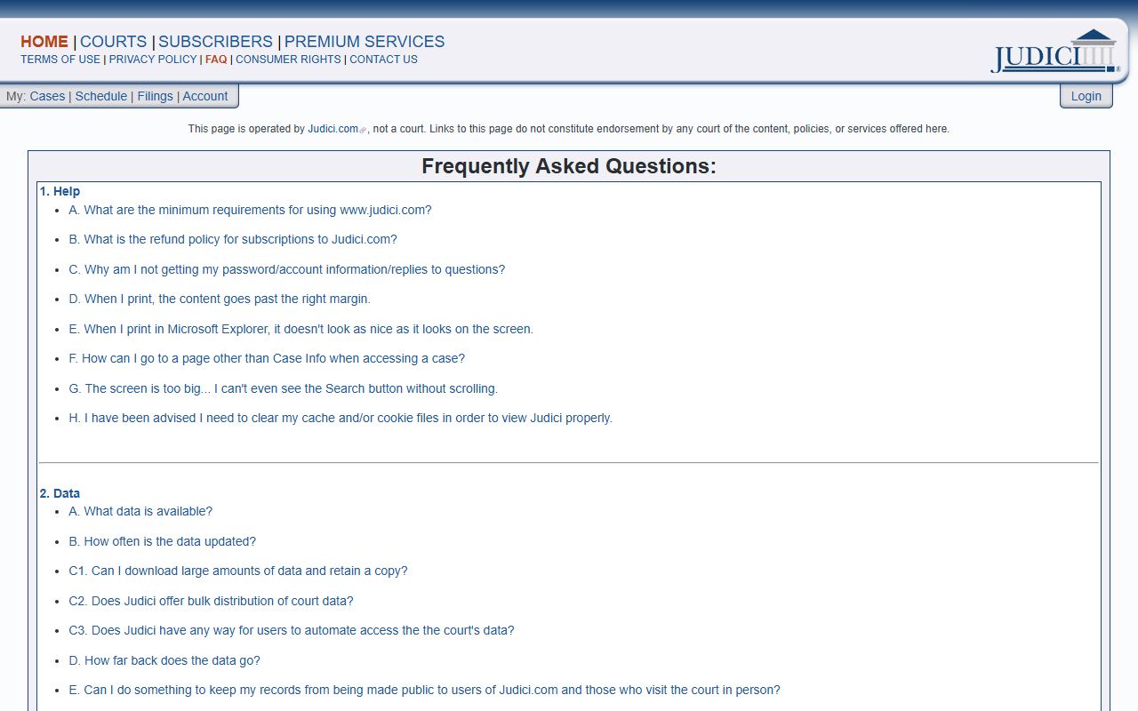 Judici FAQ explaining electronic court-record access limits
